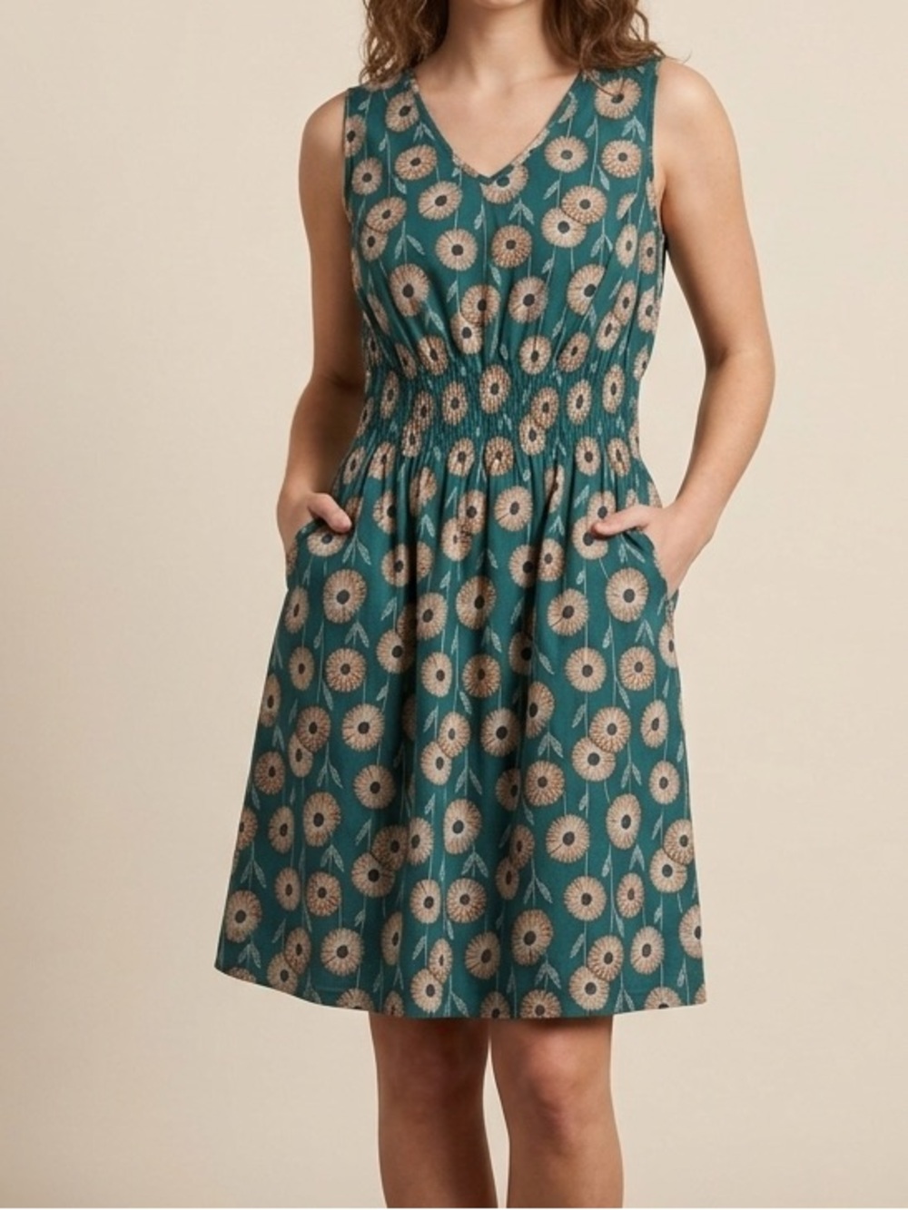 Alchemy Cotton Sleeveless Teal Floral V-Neck Smocked Waist Dress Size Large